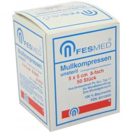 Ein aktuelles Angebot für MULLKOMPRESSEN ES 5x5 cm unsteril 8fach 50 St Kompressen Verbandsmaterial - jetzt kaufen, Marke FESMED Verbandmittel GmbH.