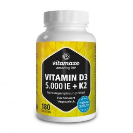 Ein aktuelles Angebot für VITAMIN D3 K2 5000 I.E./100 myg hochdosiert Tabl. 180 St Tabletten  - jetzt kaufen, Marke Vitamaze GmbH.